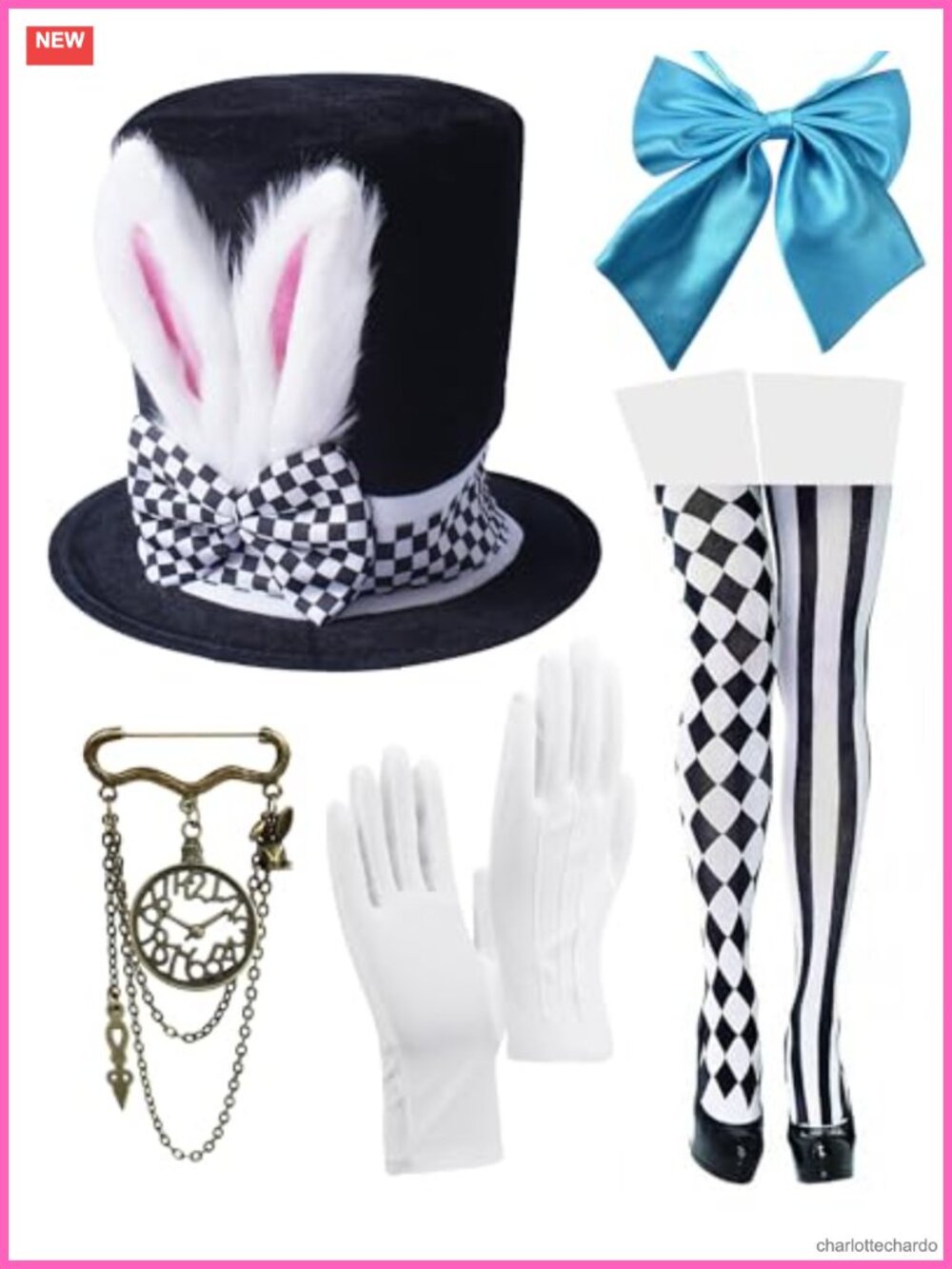 White Rabbit Bunny Ears Top Hat Bow Tie Gloves Tights Costume Set Accessories